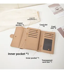Detailed interior view of a beige tri-fold wallet showing multiple card slots and coin pocket