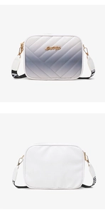 Front and back detail of V-quilted gradient crossbody bag with Lucky metal logo