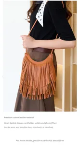 Detail of a brown fringe crossbody bag with multi-layer tassels and soft matte texture