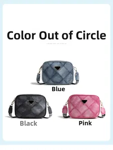Detailed view of denim texture crossbody bags in blue, black, and pink with wide straps