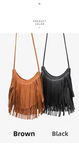 Detail view of vintage fringe crossbody bags in brown and black leather finishes