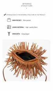 Detail view of large brown fringe bucket bag with long tassels and secure zip closure