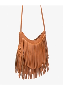 Detail shot of caramel brown leather crescent bag with layered fringe and boho tassels