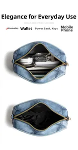 Macro view of blue denim crossbody bag interior showing spacious capacity for essentials