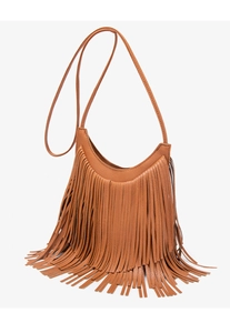 Detail of tan brown crescent crossbody bag with long fringes and pebbled leather texture