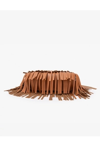 Detail of bohemian fringe crossbody bag featuring layered brown faux leather tassels