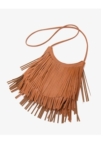 Close-up of brown fringe crossbody bag with vintage faux leather texture and long tassels