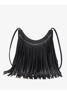 Detailed close-up of high-quality long fringe tassels on a black bohemian crossbody bag