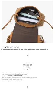 Vue intérieure du sac besace en daim marron montrant sa grande capacité et ses poches