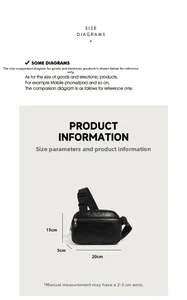 Detailed dimensions of the black textured leather chest bag showing 20x15x5cm size
