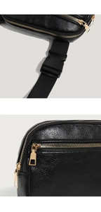 Detail of lychee pattern leather chest bag with golden zipper and durable buckle strap