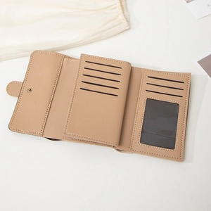 Short minimalist women's wallet in beige PU leather with multiple card slots and clear ID window