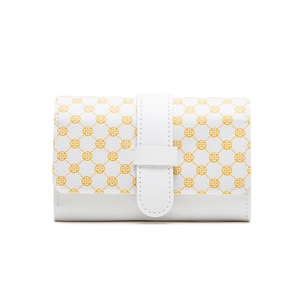 Short bifold wallet for women in white leather with yellow clover pattern and strap buckle