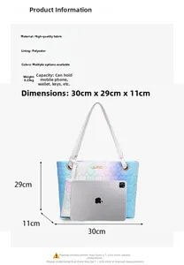 Gradient heart embroidered tote bag details with size comparison and fabric specs