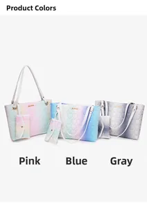Three gradient quilted tote bags with matching coin purses in pink, blue, and grey colors