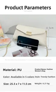 Detailed size specifications of white PU leather envelope bag with gold chain strap