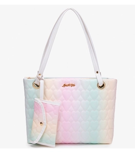 Detail of macaron gradient tote bag featuring heart embroidery and gold hardware