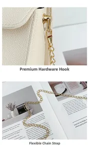 Detail of lychee pattern leather handbag with gold metal clasp and chain strap