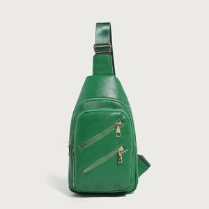 Sac de poitrine croisé minimaliste en cuir vert avec double fermeture éclair