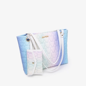 Gradient quilted heart tote bag set with matching coin purse and gold hardware