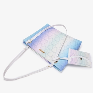 Gradient heart-quilted tote bag and small pouch set with white shoulder straps