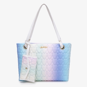 Gradient heart-quilted tote bag and small coin pouch set in macaron pastel colors