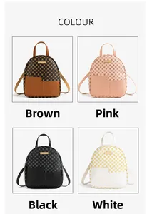 Collage di mini zaini a pois nelle opzioni di colore marrone, rosa, nero e bianco