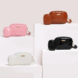 Women Shiny Patent PU Leather Crossbody Bag With Mini Round Pouch Wide Strap Small Square Camera Bag Fashion Two In One Shoulder Bag