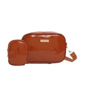 Glossy caramel PU leather square bag with mini pouch and wide fabric strap