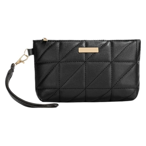 Classic black quilted phone bag with gold zipper and detachable wrist strap on white background