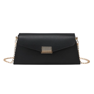 Minimalist black pebble leather envelope flap crossbody bag with gold chain strap