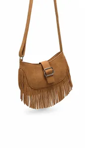 Close-up of brown suede hobo bag featuring decorative fringe and silver metal buckle detail