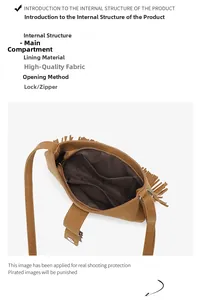 Internal view showing brown suede bag lining, main pocket, and secure zipper closure