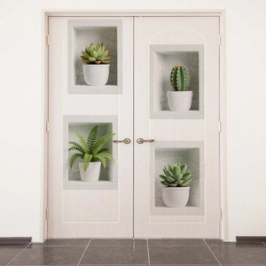 Detail of 4-piece 3D wall stickers featuring potted plants on white wooden double doors