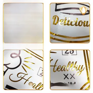 Macro detail of waterproof gold foil wall stickers with Delicious and Healthy lettering