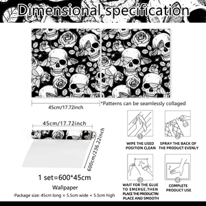 Detail of gothic skull wallpaper with rose patterns and 4-step installation guide