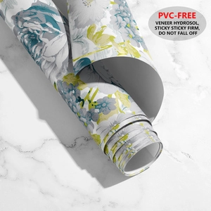 Detail of PVC-free floral wallpaper with blue flowers and eco-friendly veneer hydrosol