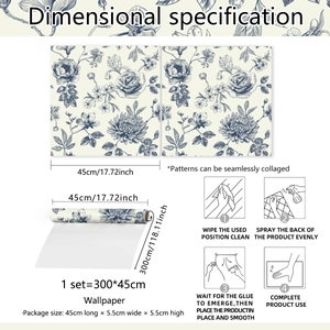 Blue vintage floral self-adhesive wallpaper roll showing size specs and installation guide