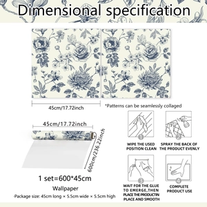Blue floral wallpaper dimensions 45x600cm with four-step easy installation guide