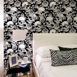 Gothic Halloween wallpaper with skulls and roses for dark bedroom wall decor