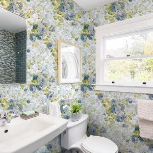 Blue and green floral wallpaper with damask patterns for bedroom and bathroom decor