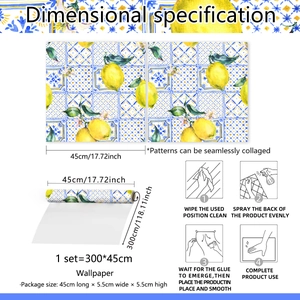 Blue Mediterranean lemon wallpaper with 45cm x 300cm seamless tile pattern for home decor