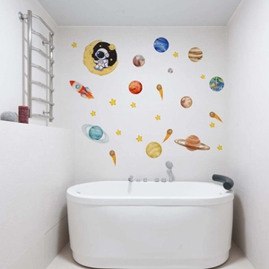 Space theme cartoon wall decals with astronaut on moon and planets for kids room decor
