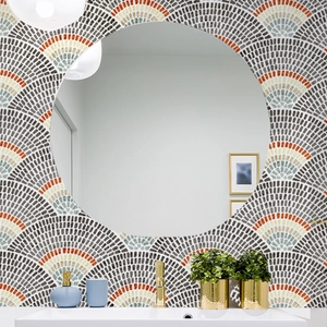 Retro fan-shaped geometric wallpaper with mosaic patterns in a modern bathroom setting