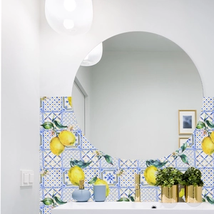 Blue Mediterranean tile wallpaper with lemon pattern and green leaves for home decor