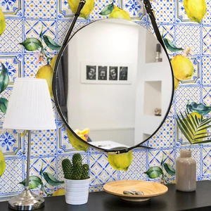 Mediterranean lemon and blue tile pattern wallpaper for a fresh home living room decor