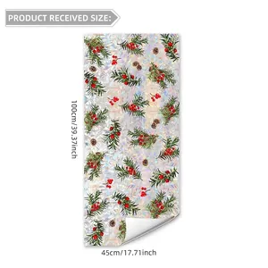 Christmas window film with pine branches and red berries on holographic prism background