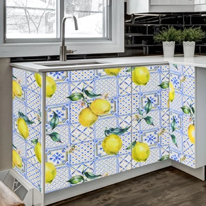 Blue Mediterranean tile wallpaper with lemons for modern kitchen cabinet decoration