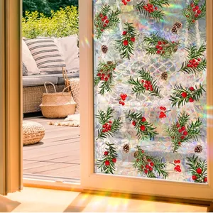 3D Rainbow Window Film Static Cling Privacy Glass Sticker Christmas Pine Berry Pinecone Pattern Home Decor
