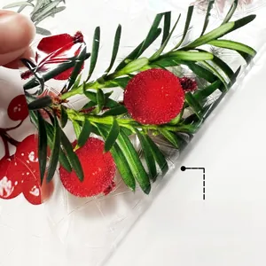 Detail showing red berries window film with rainbow effect and static cling application